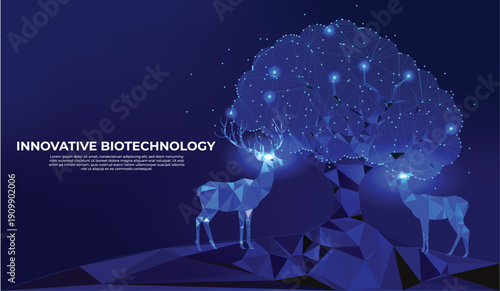 A Couple glowing deer in nature next to a tree in a vibrant blue geometric style with digital network connection nodes and a futuristic environmental concept. Sustainability, Green energy Innovation.