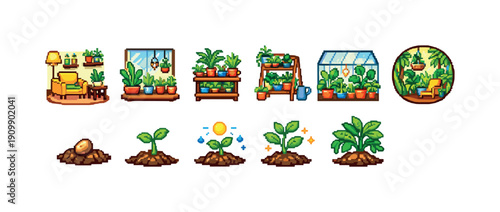 Gardening and houseplants flat icon set. indoor plants growing process graphics collection