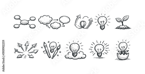 Creative doodle icon set. brainstorm, innovation ideas in sketched outline style