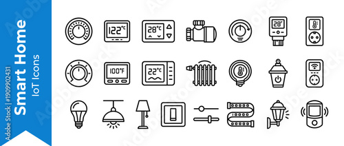 Comprehensive Smart Home IoT Icons Collection with Internet of Things automation symbols including thermostats, temperature displays, smart lighting, energy sensors, and home control devices.