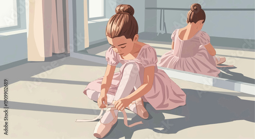 Young ballerina tying ballet shoes in dance studio for International Dance Day  