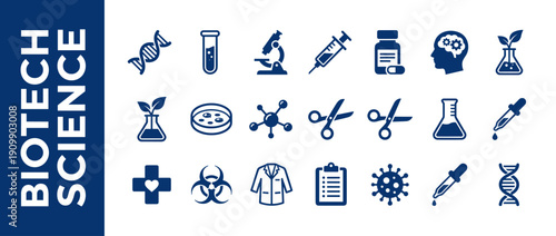 Comprehensive Biotech Science Icon Set with DNA Helix, Microscope, Lab Flasks, Syringe, Gene Editing Scissors, Biohazard, and Medical Research Symbols for Biotechnology and Healthcare Design.