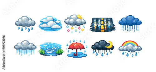 Weather, nature icon set. pixel art style weather, climate icons for apps.