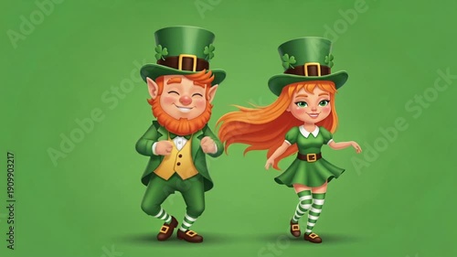 St Patricks Day cartoon leprechaun man with red beard and leprechaun girl with long orange hair dancing in traditional green outfits striped socks and shamrock hats on plain green background. 