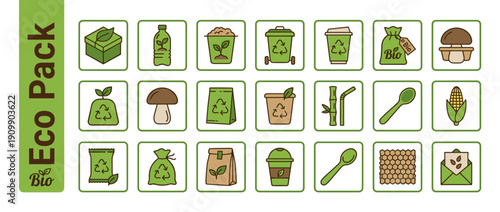 Comprehensive collection of eco-friendly packaging icons including biodegradable bags, recycling bins, bamboo straws, compostable cups, and sustainable materials for green business solutions.