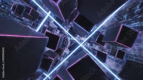 Video Game chase concept motion graphic. Virtual Reality race flyby inside a retro neon cyber city. flash back of 80s computer games. Abstract Neon futuristic VJ tech background. 3D render, 4K loop