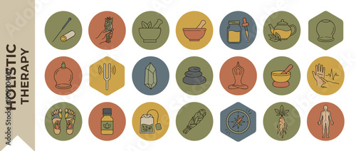 Comprehensive Set of Holistic Therapy Icons for Wellness and Alternative Medicine, Including Acupuncture, Yoga, Herbalism, Cupping, Reflexology, Meditation, and Natural Healing Practices.