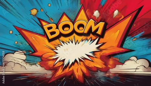 comic book boom a dynamic and vibrant boom explosion graphic rendered in classic comic book style with bold lettering radiating energy and impact perfect for action power
