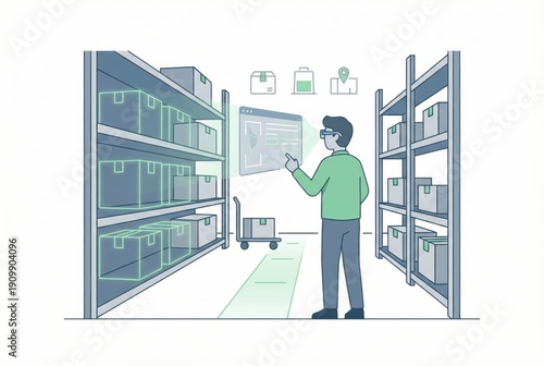 Exploring smart inventory management systems in a modern warehouse environment highlighting barcode scanning technology and data visualization for enhanced operational efficiency