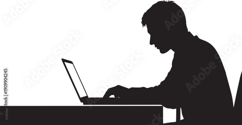 Silhouette of a man working on a laptop at a desk, focused on technology and remote work