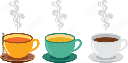 Colorful coffee cups with steam flat vector illustration for beverage concept
