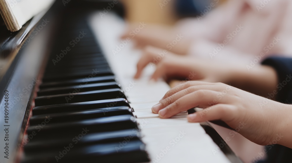 Obraz premium Close-up of hands playing piano keys: musical creativity and expression in action