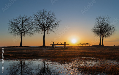 Sunset Picnic Tables in Park