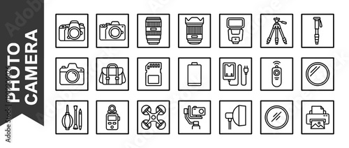 Comprehensive photography and camera equipment line icon set featuring DSLR, mirrorless cameras, lenses, tripod, flash, SD card, battery, drone, gimbal, studio lighting, and professional gear.