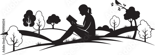 Silhouette of a person reading a book in a serene landscape with trees and rolling hills, enjoying nature and literature