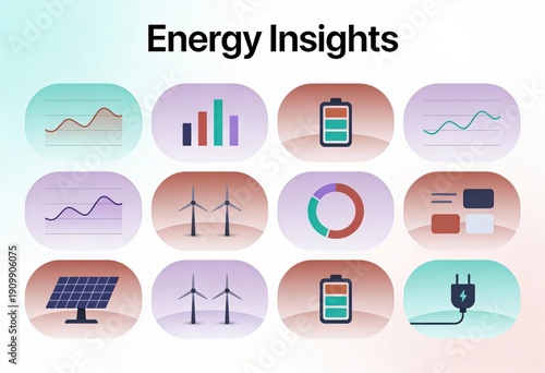Energy insights displaying graphical representations of data trends, battery statuses, renewable energy sources, and visualization charts illustrating sustainable energy analytics