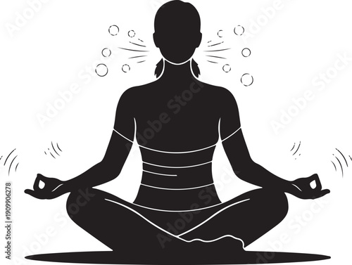 Woman Meditating in Lotus Pose, Exhaling Peaceful Energy and Sound Waves