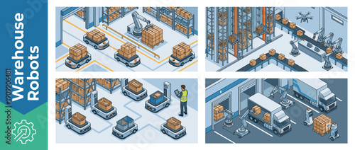 Smart warehouse automation isometric vector set with autonomous mobile robots, robotic arms for palletizing, conveyor belts, delivery drones, and workers managing logistics and distribution.