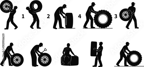 Tire handling process silhouette, mechanic lifting rolling wheels steps, industrial labor workflow concept, automotive service illustration set, manual work safety training, black vector isolated