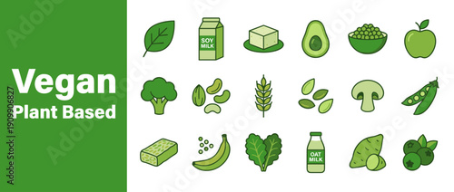 Vegan and Plant Based Food Icon Set Featuring Soy Milk, Tofu, Avocado, Broccoli, Mushroom, Oat Milk, Kale, and Tempeh; Green Flat Vector Illustration for Healthy Diet, Nutrition, and Organic Living.