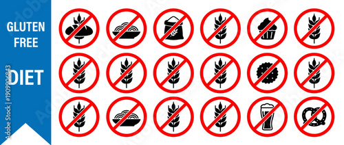 Gluten Free Diet Infographic Banner with Prohibited Food Icons Including Wheat, Bread, Pasta, Flour, Cupcake, Cookie, Beer, and Pretzel in Red Warning Circles for Celiac Disease Awareness and Wellness