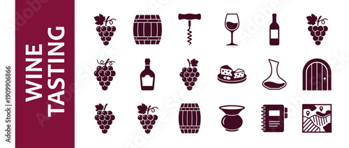 Minimalist Wine Tasting Icon Set Featuring Grapes, Barrels, Corkscrew, Glass, Bottle, Cheese, Decanter, Cellar Door, Spittoon, Notebook, and Vineyard Map for Winery Branding and Sommelier Tools.