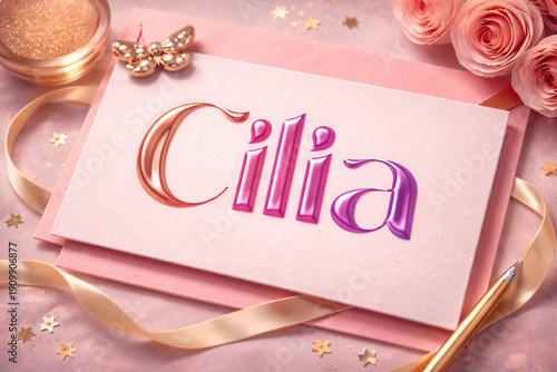cilia name. cilia typography. beautiful unique girly illustration. Famous girl name. Glossy 3D colorful Typography of the Name cilia in glass Colors.