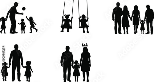 Silhouettes of families and children, parenting moments, outdoor play, holding hands, swing scenes, black vector illustration, bonding activities, childhood interaction, father, mother, daughter