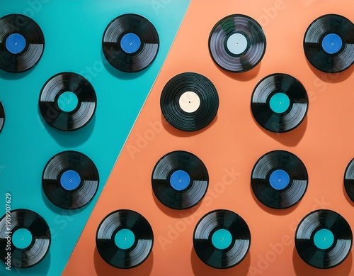 Wallpaper Mural vinyl records pattern on a retro colored background with peacock blue tangerine and almond shades Torontodigital.ca