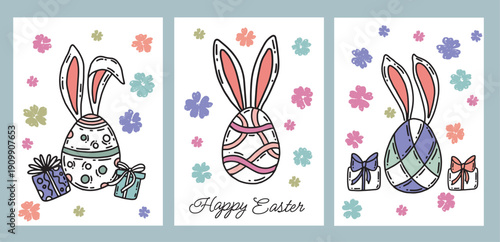 Hand-Drawn Easter Bunny Eggs with Gifts and Flowers Cards