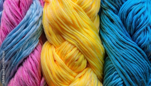 Wallpaper Mural braided strands of bright yellow blue and pink yarn create a colorful and tactile texture perfect for crafting and textile design the close up showcases detail Torontodigital.ca