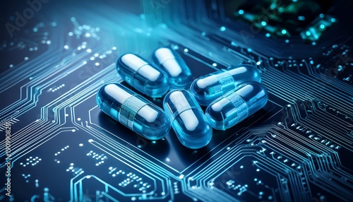 Wallpaper Mural digital pills placed on a circuit board represent the intersection of technology and healthcare Torontodigital.ca