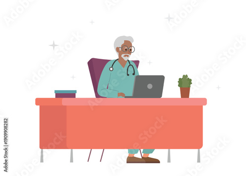 Elderly male doctor in glasses with grey hair and beard is working on laptop at table. Flat vector illustration.