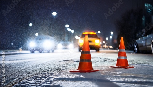Wallpaper Mural city street in a snowstorm at night with a traffic cone in the foreground illuminated by streetlights cars are visible in the background on the snow covered road caution and safety first Torontodigital.ca