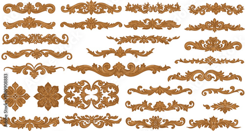 Set of decorative wooden carved ornaments and vintage filigree flourishes vector