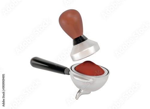 Portafilter with Coffee Grounds and Tamper 3D Vector Icon illustration