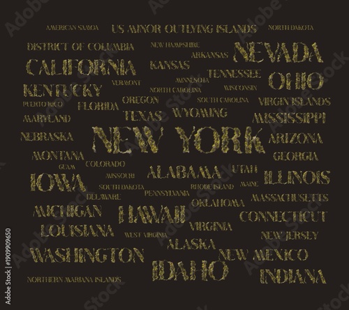 Names of all the U.S. states. The United States of America - USA states. New york, Idaho, Washington, California, Iowa, Hawaii, Indiana, Illinois, Nevada, Florida, Michigan...
