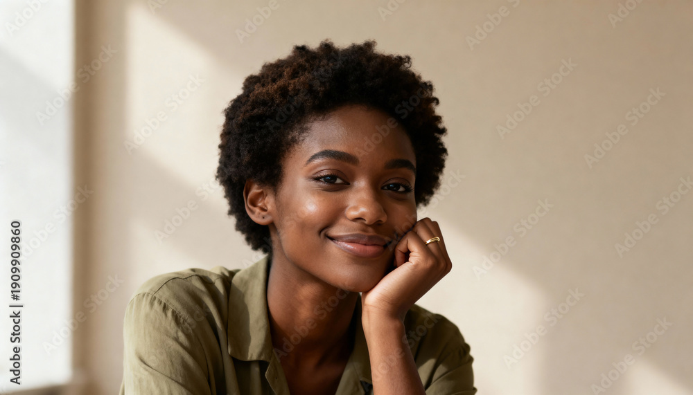 Fototapeta premium Portrait of a confident young Black woman with natural hair smiling at the camera. Authentic lifestyle headshot with soft natural light and a neutral background