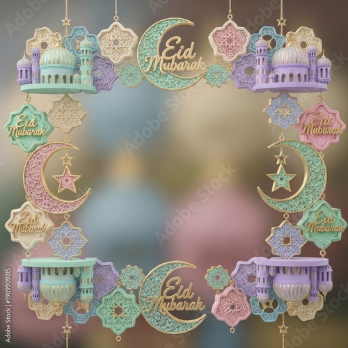 Decorative eid mubarak frame design with crescent moon and star