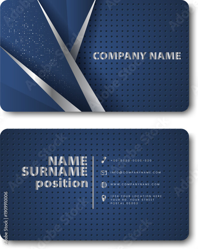 Modern blue business card template with metallic design.