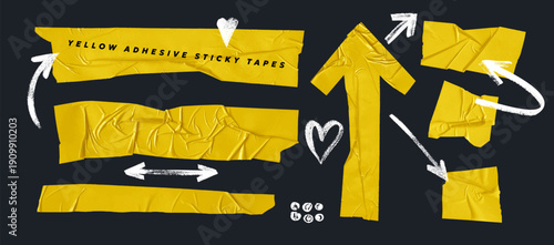 Yellow adhesive sticky tapes. Duct tape for photo collage. Bright scotch tape for the frame. Collage, paper clip, stickers and torn paper. Vector elements wrinkled or crumpled yellow adhesive vinyl.