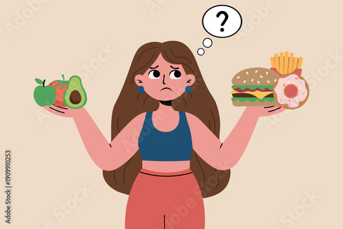Vector illustration of a person holding healthy vegetables in one hand and junk food in the other, representing dietary dilemmas and balanced choices