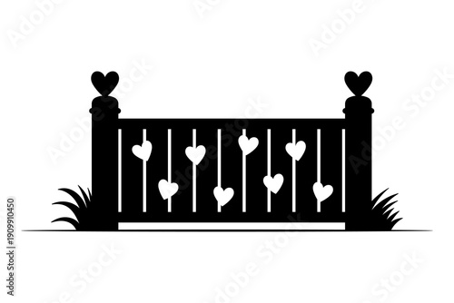 Fence with hearts icon. Fencing. Black silhouette. Horizontal front view. Vector simple flat graphic illustration. Isolated object on white background.