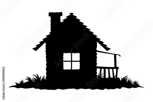 Small old house icon. Black silhouette. Front and side view. Vector simple flat graphic illustration, hand drawn. Isolated on white background.