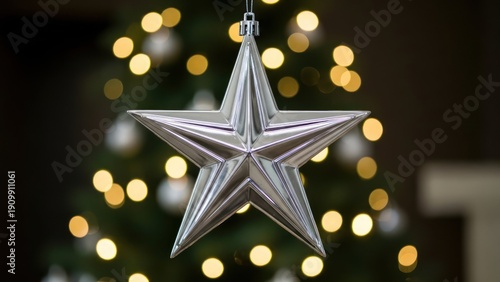 Shiny silver star ornament suspended in front of blurred christmas tree lights festive holiday background