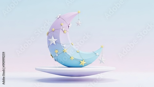 Stylized crescent moon with stars on pedestal against gradient background