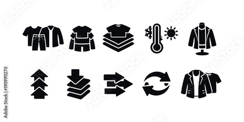 Clothing and temperature solid icon set. apparel adjustments and weather symbols