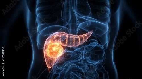 Visualization shows pancreas cancer with glowing tumor mass in human body