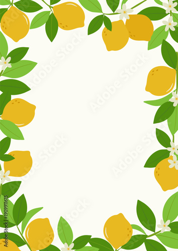 Template with lemon branches and flowers. Citrus frame illustration. Lemon branches with fruits, flowers and leaves.