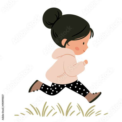 Cute little girl running outdoors in soft pastel tones. Scandinavian minimalism illustration with simple shapes and cozy aesthetic. Nordic kids style perfect for nursery decor.